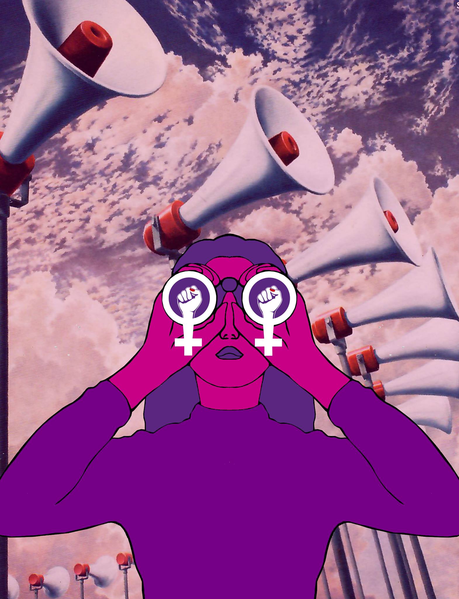 Das Bild des Flyers des Frauen*streikkollektiv Zürichs. Eine pinke Frau in violettem Rollkragenpullover und mit violetten Haaren schaut durch einen feministischen Feldstecher nach vorne.  Im Hintergrund hat es rosa Wolken und viele aufgesteltte hohe Lautsprecher