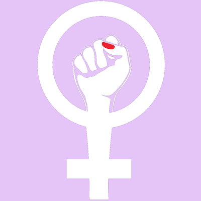 Frauen*streiklogo: das Feminismussymbol mit einer Faust mit rotem Nagellack auf dem Daumen sichtbar. Hintergrund ist rosa