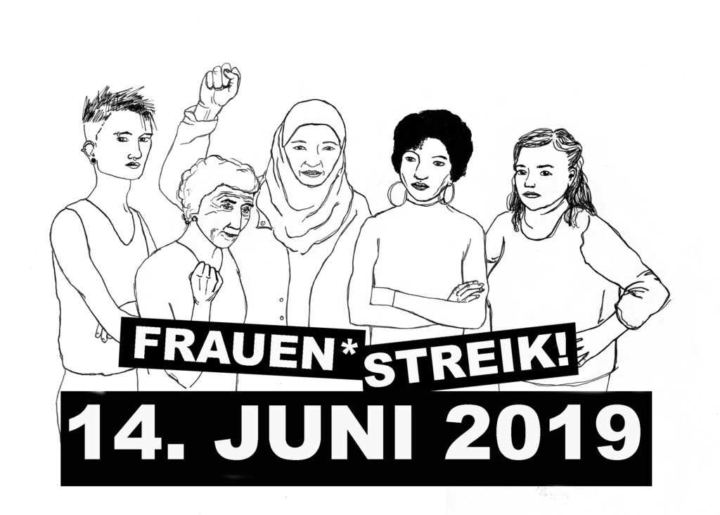 Weiteres Logo des Frauen*streiks in Zürich. fünf Weiblichkeiten die zusammenstehen darunter steht Frauen*streik 14. Juni 2019 in weiss auf schwarz