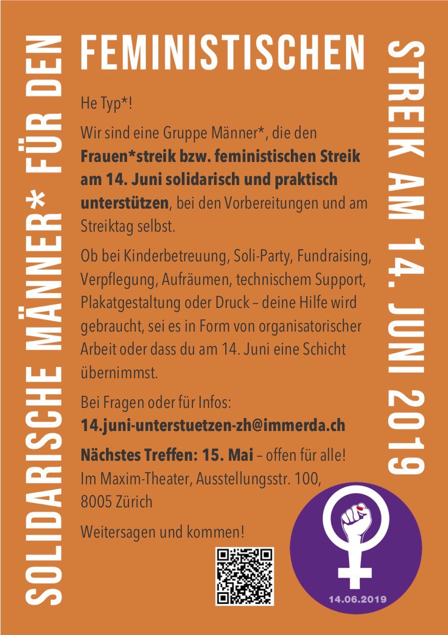 Flyer der "Solidarische Männer" für den Feministischen Streik am 14. Juni 2019" zu lesen ist der Text wie auf der Webseite