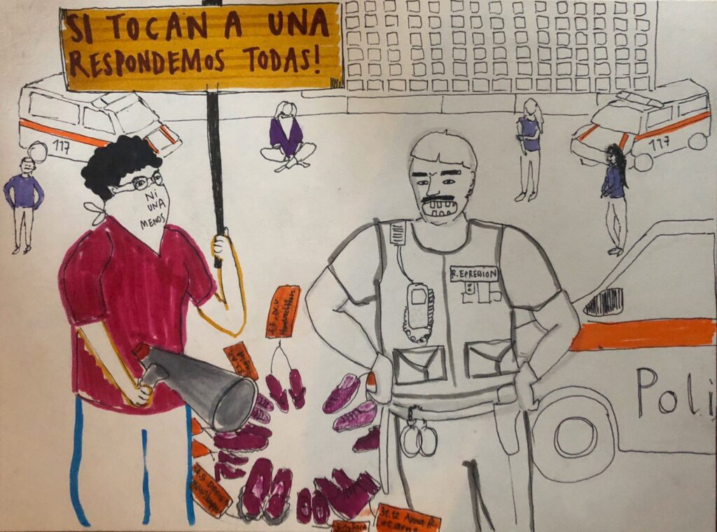 Zeichnung einer protestierenden Person auf dem Ni Una Menos Platz die von der Polizei gestört wird