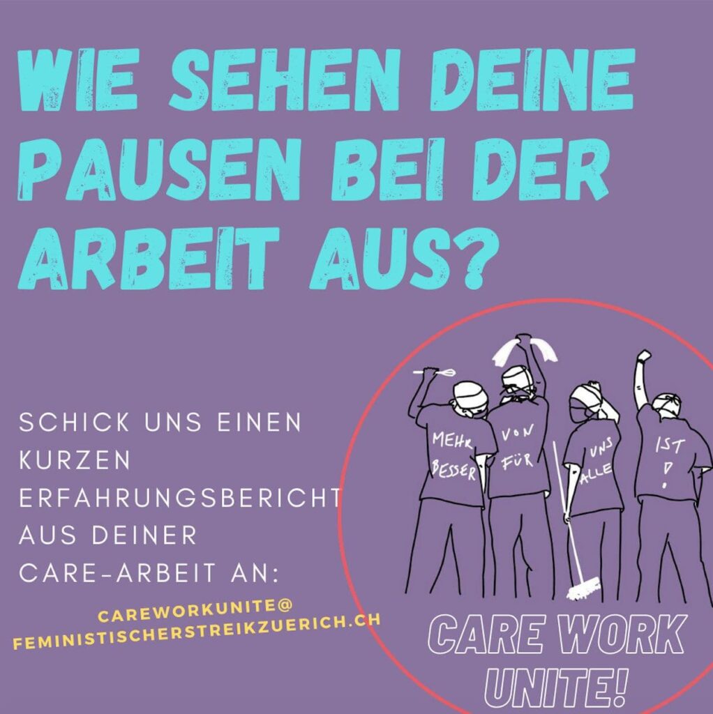 Violettes Bild mit Care Worker*innen, betitelt mit "Wie sehen deine Pausen bei der Arbeit aus?"