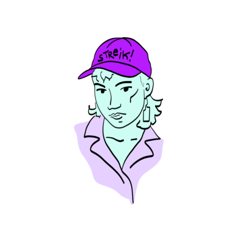gezeichnet: eine türkise Person mit lila Bluse und violetterm cap auf dem steht "Streik!"