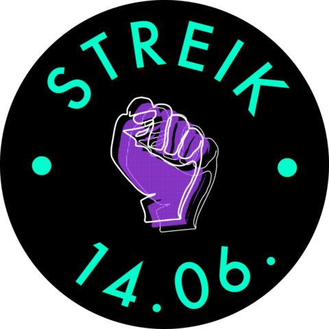 auf schwarzem Hintergrund eine durchscheinende Violette faust darüber und darunter steht in türkis "Streik 14.06."
