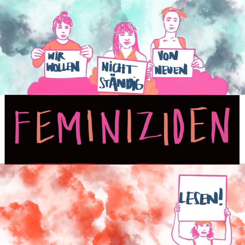 auf wolkigem hintergrund sind vier Frauen gezeichnet die alle zusammen Schilder halten, die zusammen mit dem Text in der Mitte sagen "Wir wollen nicht ständig von neuen FEMINIZIDEN lesen!"