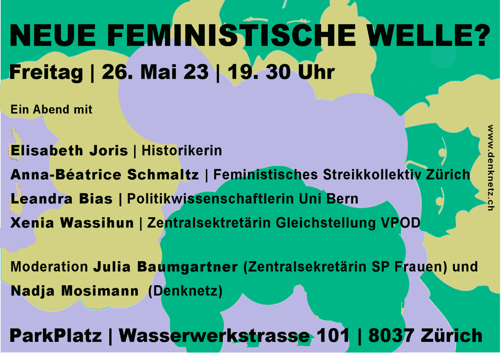 Der Flyer für die Veranstaltung mit den Infos dazu (siehe Agendaeintrag) auf einem Hintergrund aus grün, violett und olivegrün der wolkig köpfe darstellt